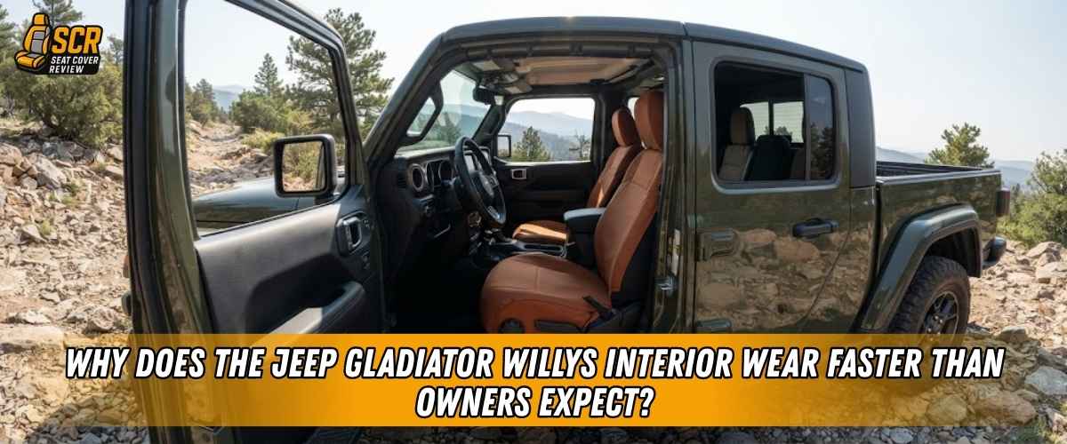 Jeep Gladiator Willys on a rocky trail with its door open, showing seat covers made to guard the interior from off-road wear.