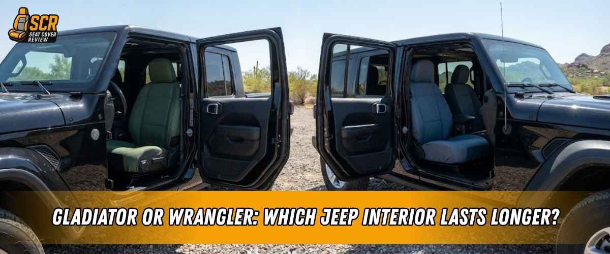 Jeep Gladiator and Wrangler parked side by side with doors open, highlighting similar cabins and contrasting seat covers.