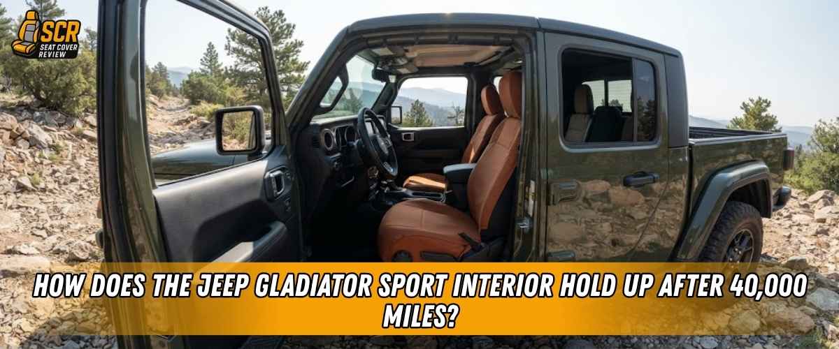Open Jeep Gladiator Sport cabin with brown seat covers, showing the front seats and interior built for 40,000 miles of use.
