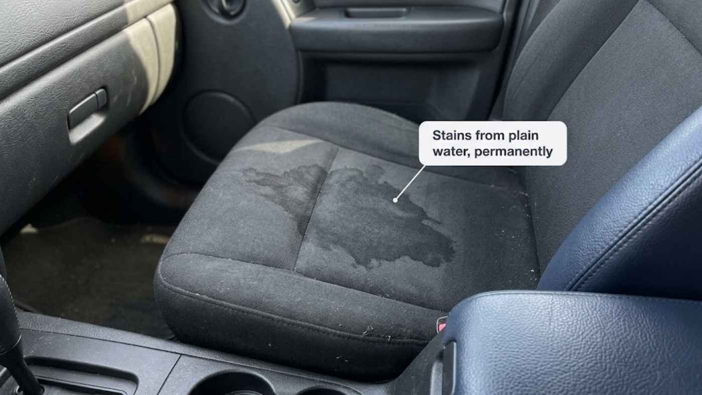 Water stains on Jeep Liberty cloth seat fabric