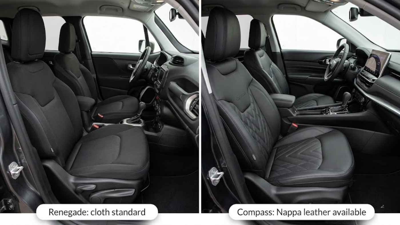 Jeep Compass trim levels showing cloth, leatherette and leather seat options