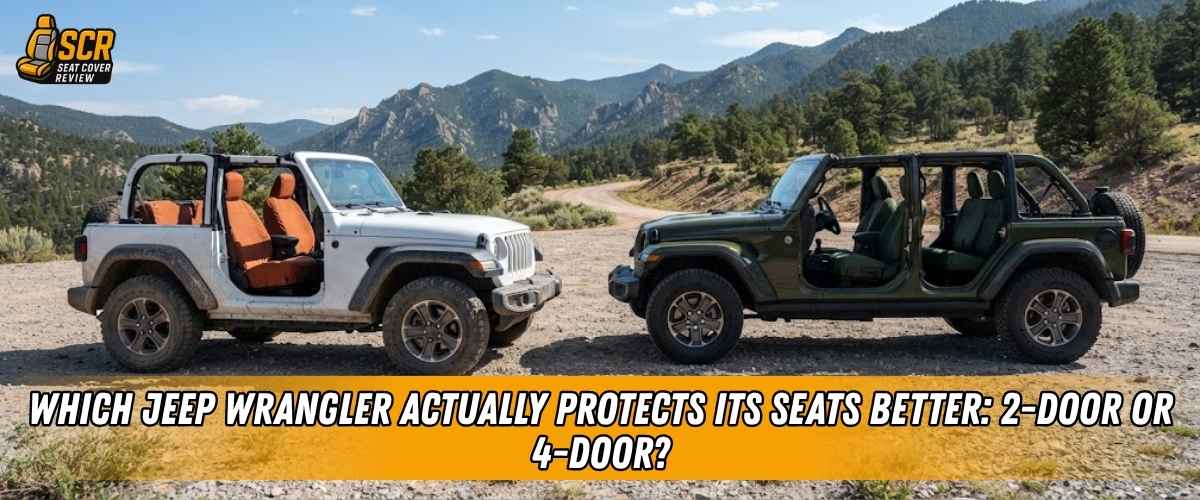 2-door and 4-door Jeep Wranglers shown side by side, comparing how each body style protects seats and fits seat covers.