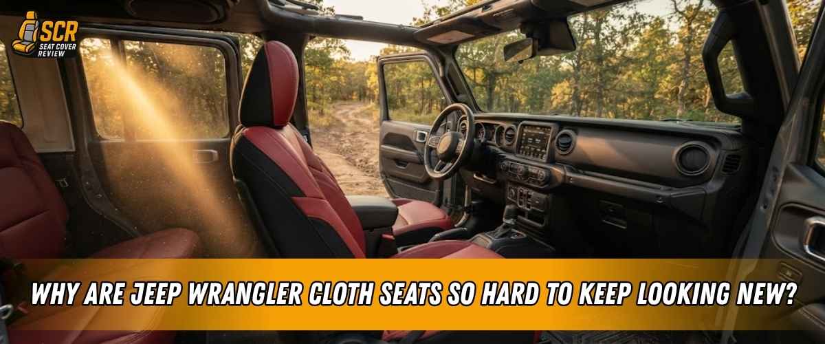 Open Jeep Wrangler cabin with cloth seats exposed to trail dust and sunlight, showing why the fabric is hard to keep clean.