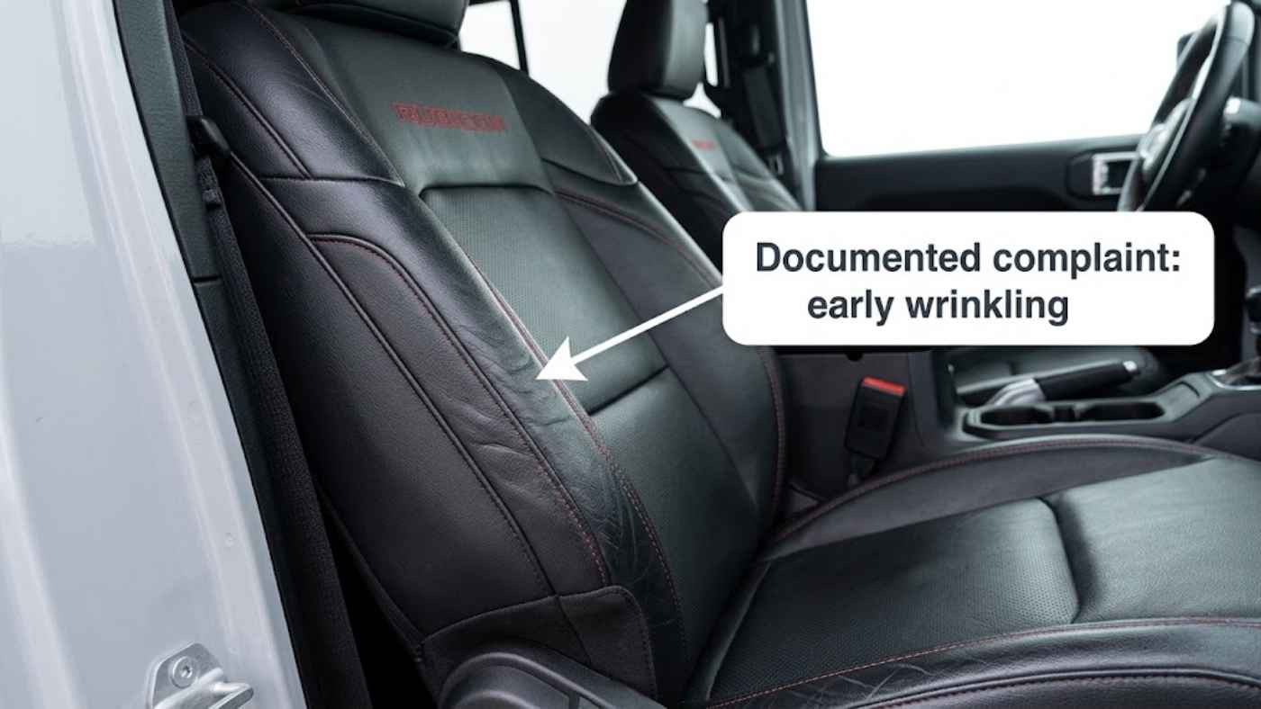 Jeep Wrangler Rubicon leather trimmed seats showing wrinkling