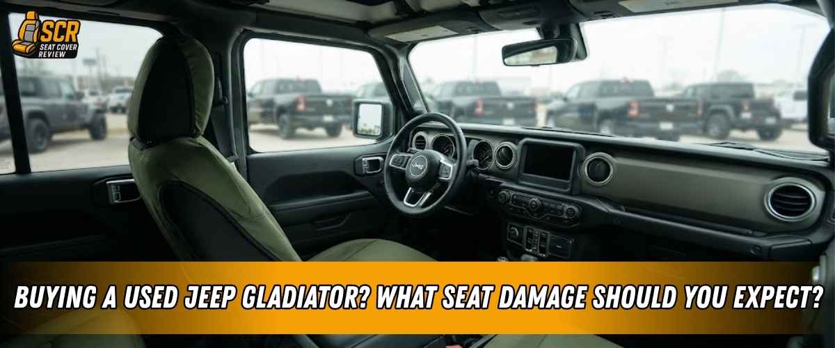 Used Jeep Gladiator cabin showing front seats and dashboard, highlighting seat damage buyers should inspect before purchase.