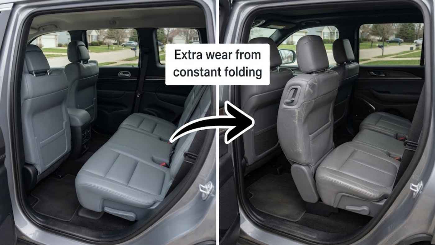 Grand Cherokee L second row folding forward for third row access, showing extra wear from constant folding