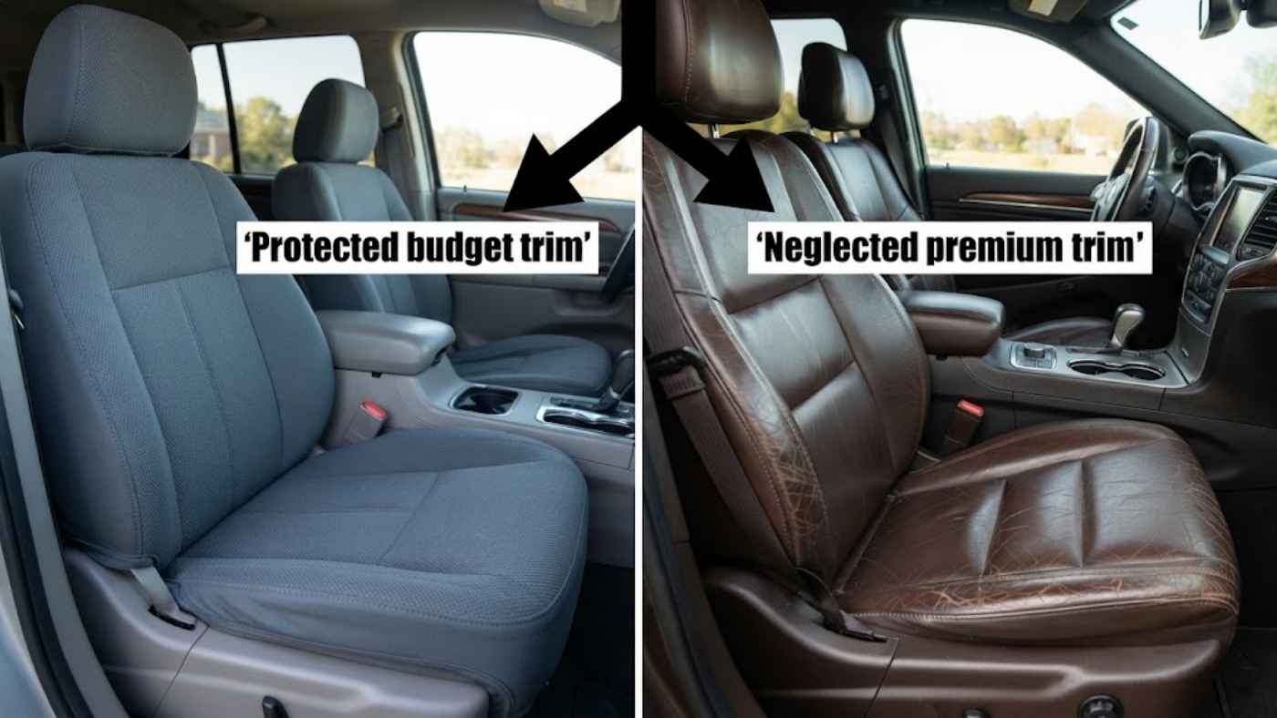 Protected budget cloth trim in a Grand Cherokee next to a neglected premium leather interior