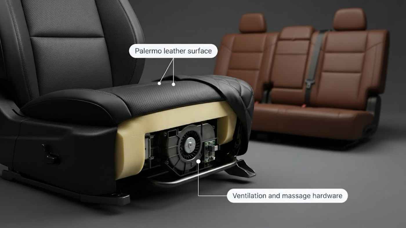 Cutaway of a Grand Cherokee Summit seat showing Palermo leather over ventilation and massage hardware