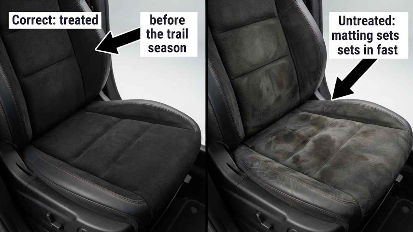 Grand Cherokee Trailhawk suede seat insert treated before the trail season next to an untreated one showing matting