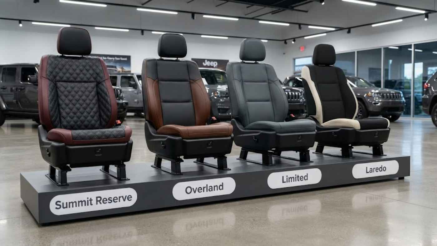 Grand Cherokee seats lined up by trim from Summit Reserve and Overland to Limited and Laredo
