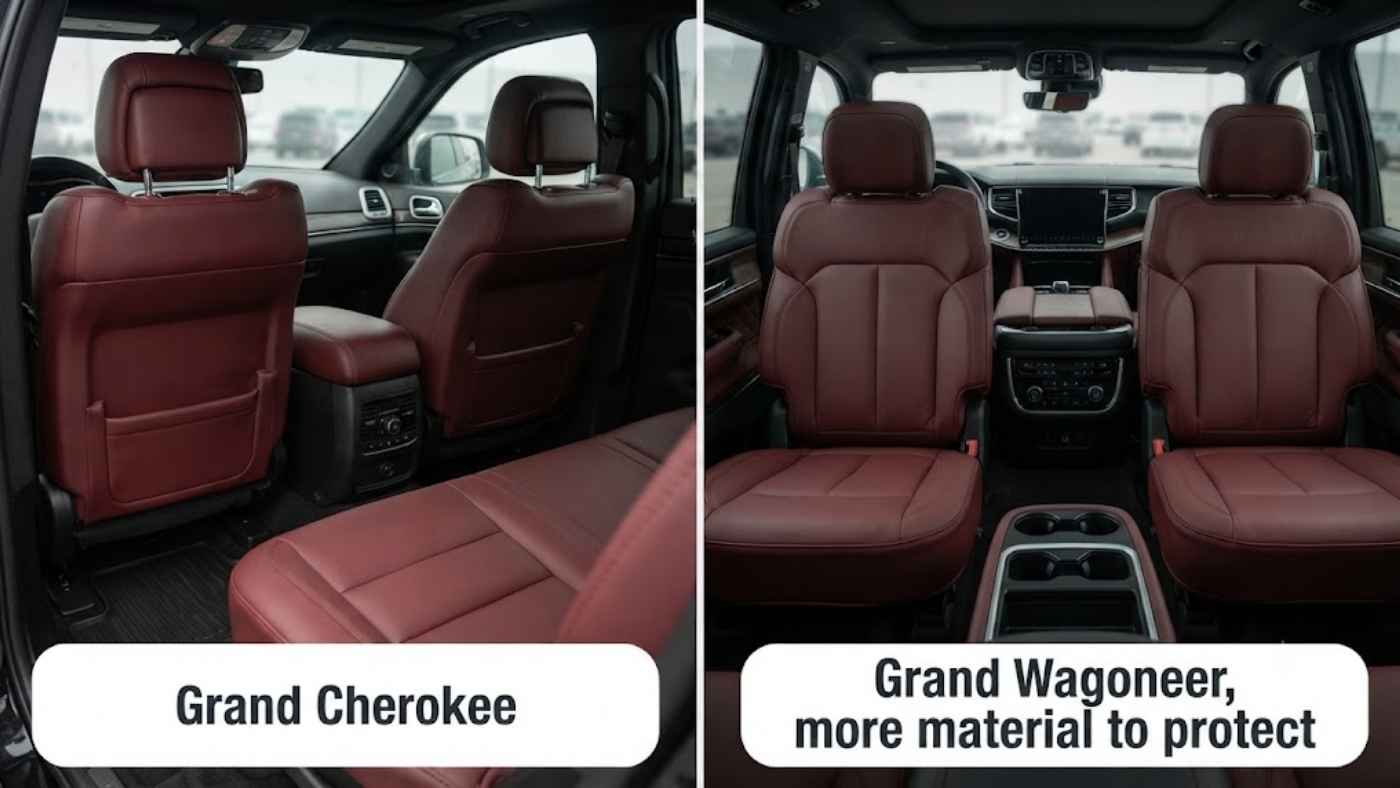 Grand Cherokee rear seats next to a Grand Wagoneer cabin showing how much more material there is to protect