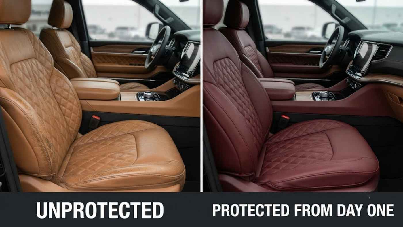 Unprotected Grand Wagoneer quilted leather seat next to one protected from day one