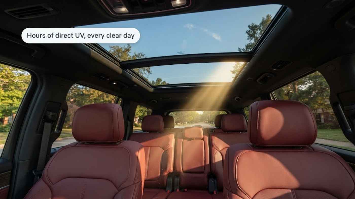 Grand Wagoneer cabin under a panoramic sunroof taking hours of direct UV on the Palermo leather