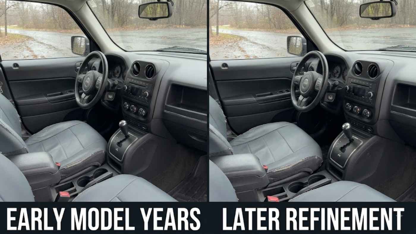Early model year Jeep Patriot interior next to a later refined cabin