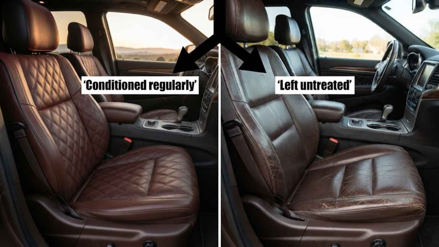 Palermo leather seat conditioned regularly next to one left untreated in a Jeep luxury interior
