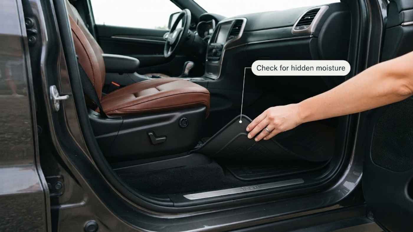Hand checking under a used Grand Cherokee seat and carpet for hidden moisture