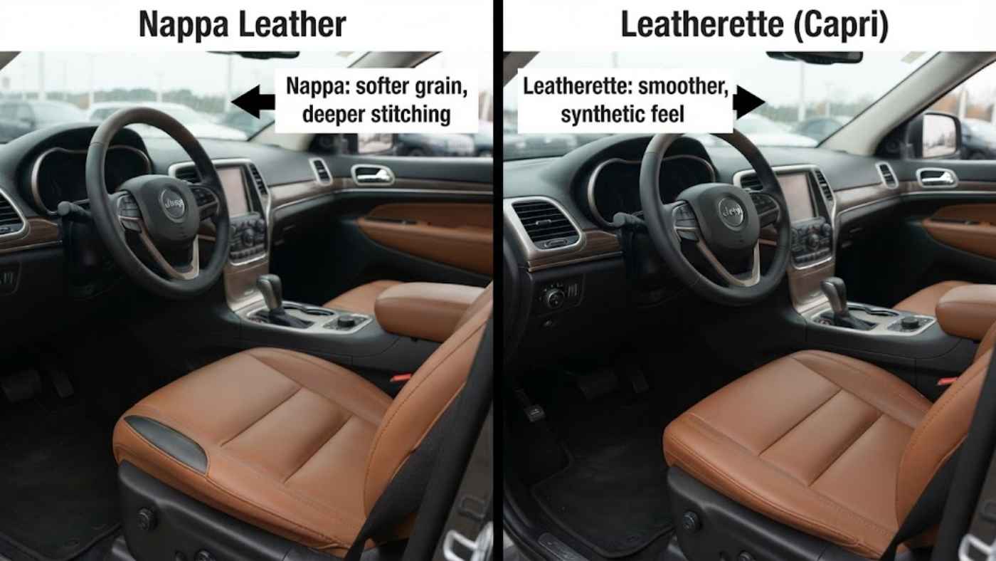 Nappa leather and Capri leatherette compared in a used Grand Cherokee cabin by grain and stitching